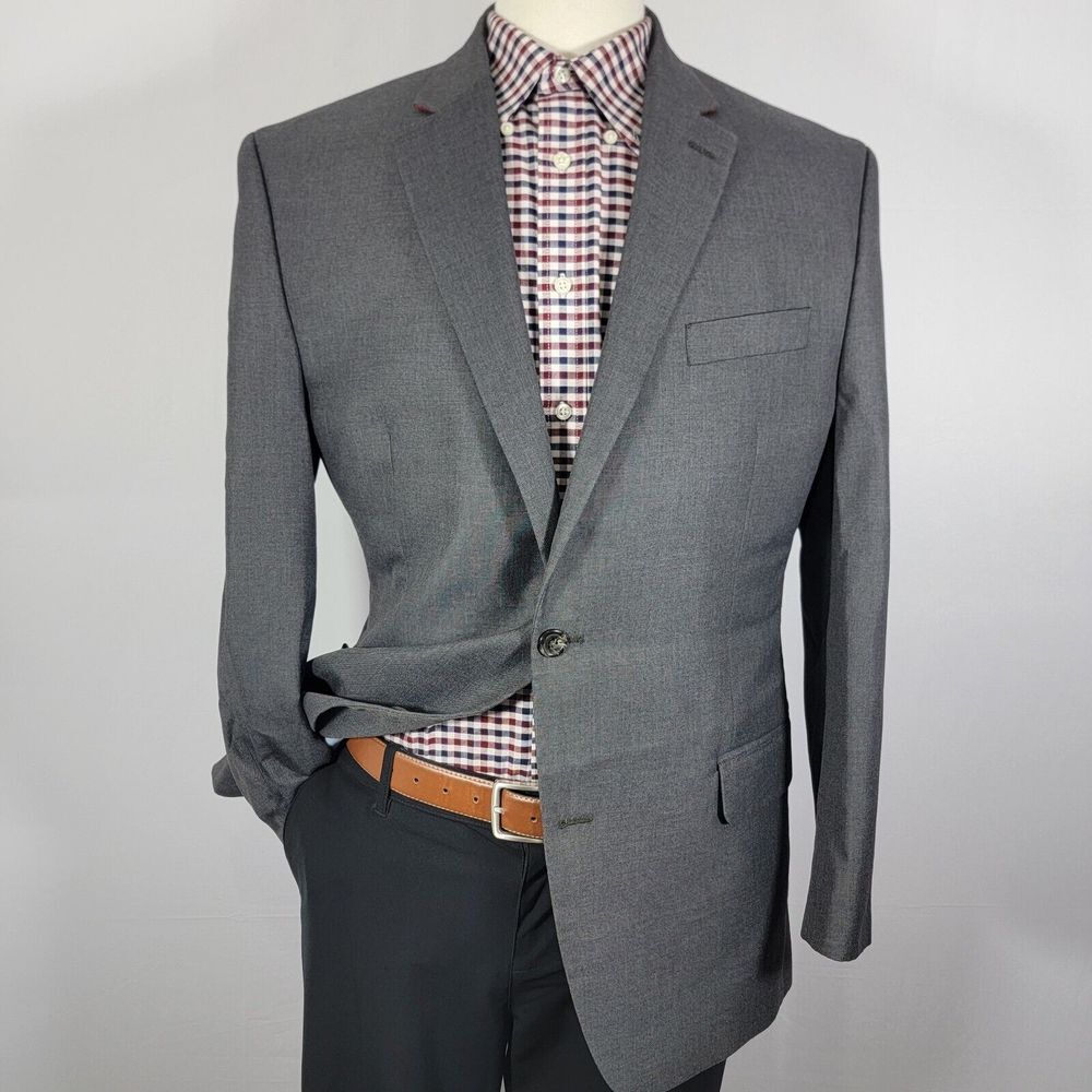 Chaps Men's Sport Coat Blazer Two Button Gray Sharkskin Polyester Blend Sz 44L